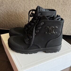 Celine Black Canvas Lace-Up Ankle Boots